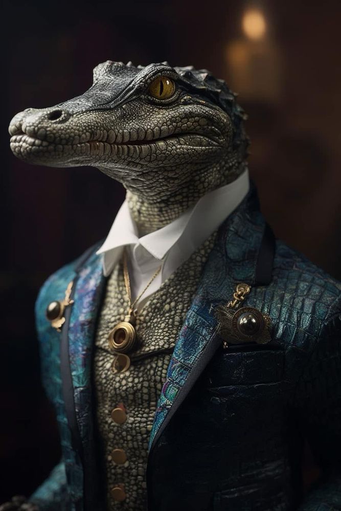 An imposing anthropomorphic alligator stands proudly, dressed in an opulent and intricately detailed outfit that exudes power and sophistication. The alligator’s textured, scaly skin is a rich blend of green and gray tones, with ridges and natural markings that enhance its lifelike appearance. Its piercing yellow eyes, glinting with intelligence and authority, are framed by prominent brows and a slightly turned-up snout, giving it a composed and calculating demeanor.

The outfit features a luxurious blue-green suit jacket with a crocodile-scale texture that subtly mirrors the alligator’s natural armor. The jacket shimmers under soft light, revealing hints of iridescence. Beneath the jacket is a finely tailored waistcoat with a complementary reptilian pattern in muted greens, adorned with polished gold buttons that reflect the ensemble’s grandeur. A crisp white dress shirt with a sharp collar peeks out, adding a touch of classic refinement.

The alligator’s attire is accented with intricate gold accessories, including a pocket watch suspended from a delicate chain and a vintage compass brooch pinned to the lapel. These pieces evoke a sense of old-world sophistication and a connection to exploration. The muted, warm background with soft lighting enhances the figure’s commanding presence, creating a striking portrait that blends the primal power of nature with the elegance of high society.