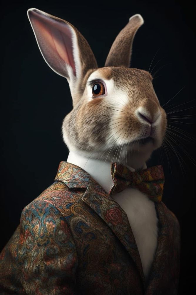A charming anthropomorphic rabbit exudes sophistication and whimsy, dressed in an ornate, vintage-inspired suit. The rabbit’s soft brown fur is meticulously detailed, with subtle gradients of white around its nose, cheeks, and chest. Its expressive dark eyes reflect curiosity and intelligence, while its long ears, one upright and the other slightly tilted, add a playful sense of personality. The delicate whiskers and velvety texture of its fur are emphasized in the gentle lighting.

The outfit features a richly patterned brocade suit jacket with intricate floral and paisley designs in deep earthy tones of gold, blue, and rust, evoking a timeless elegance. A matching bow tie crafted from the same ornate fabric sits perfectly against the rabbit’s white dress shirt, which is crisply tailored for a refined finish. The rabbit’s posture is upright and composed, suggesting poise and confidence, while the dark, minimalist background contrasts beautifully with the vibrant textures of its attire, allowing the rabbit’s personality to shine.