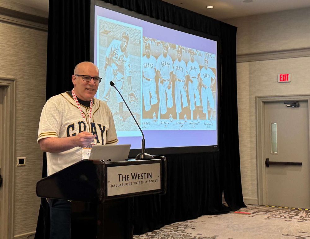 Jason Schwartz gives an award-winning research presentation on the integration of the Texas League at SABR 53 on June 28, 2025. He won the Doug Pappas Award for top oral presentation at SABR 53.