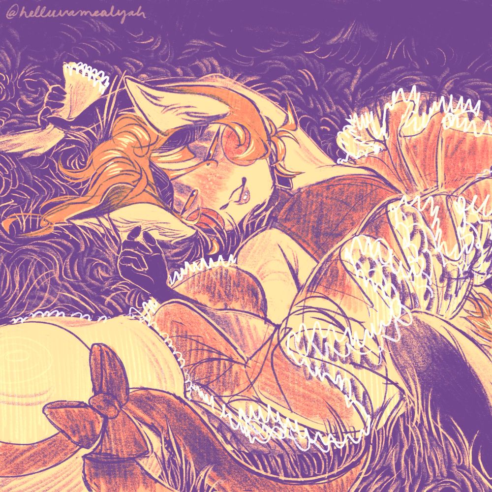 A digital drawing of Lucifer as a doe (Doecifer) sprawled on his back in the grass, gently clutching a white glove in his left hand. A white sunhat with a bow around it lays beside him. His tulled sundress is hiked up around his waist exposing his groin, and his expression is blissed out, eyes half-lidded and unfocused and lips slightly parted.