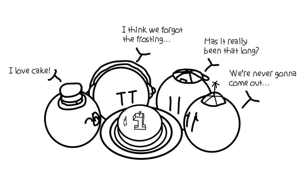 From left to right, Topithort, Blobithan, Clobbler, and Timmy stand around a table with a plate on it. The table has a cake on it, with a big number 1 candle in the middle, alongside a single smaller on the left. Topithort is saying "I love cake!" with an excited expression. Blobithan is unamused, saying "I think we forgot the frosting..." Clobbler is staring at the cake, saying "Has it really been that long?" Timmy is saying "We're never gonna come out..." with a worried expression. 