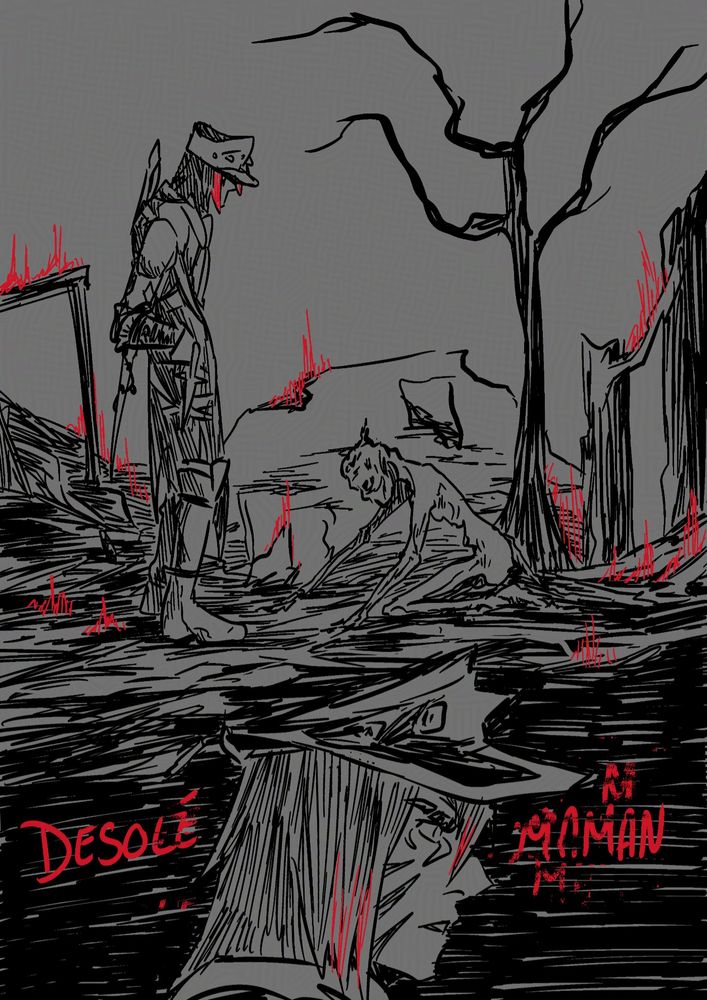 A sketch in noir where we see a cat man standing in front of a charred person. The red light highlights the context of the fire. Zoom in on the man and he says, “Sorry mom.”