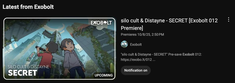 screenshot of exobolt premiere on youtube of silo cult & Distayne - SECRET which is premiering at 2:50 pm est