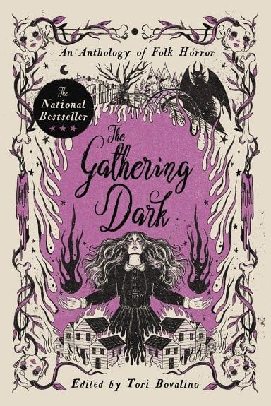 The cover of The Gathering Dark features a purple background with spooky illustrations including burning houses, a cemetery, and dolls' heads.
