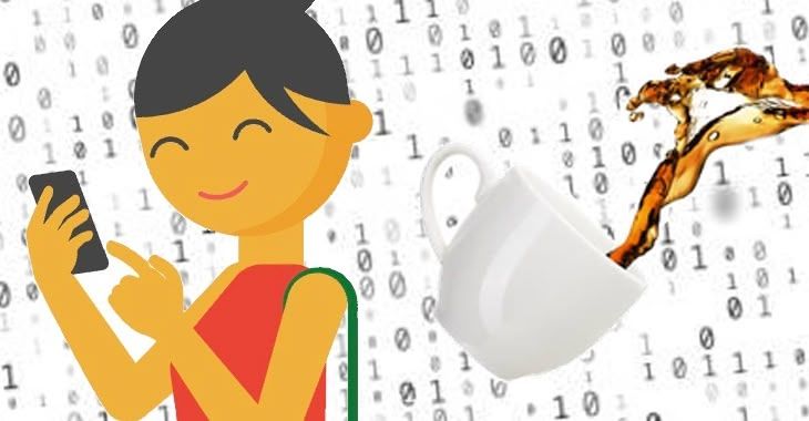 Woman checking smartphone, tea being spilt, data lost