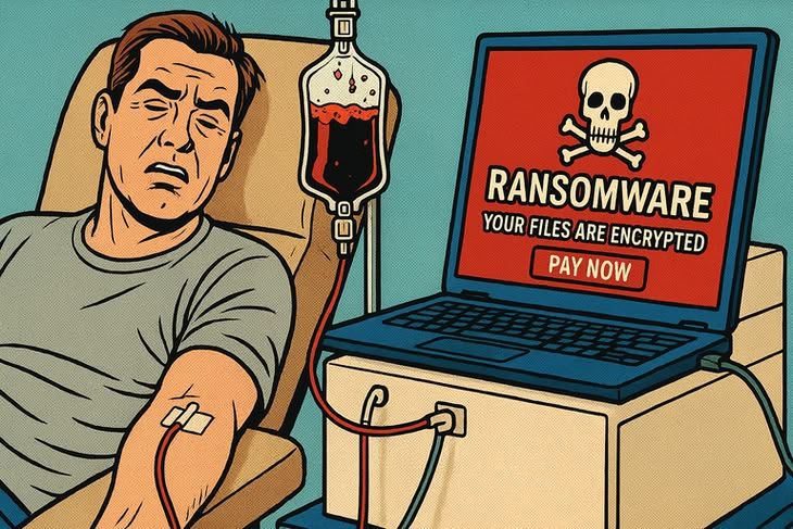 Man receiving blood next to ransomware-infected PC