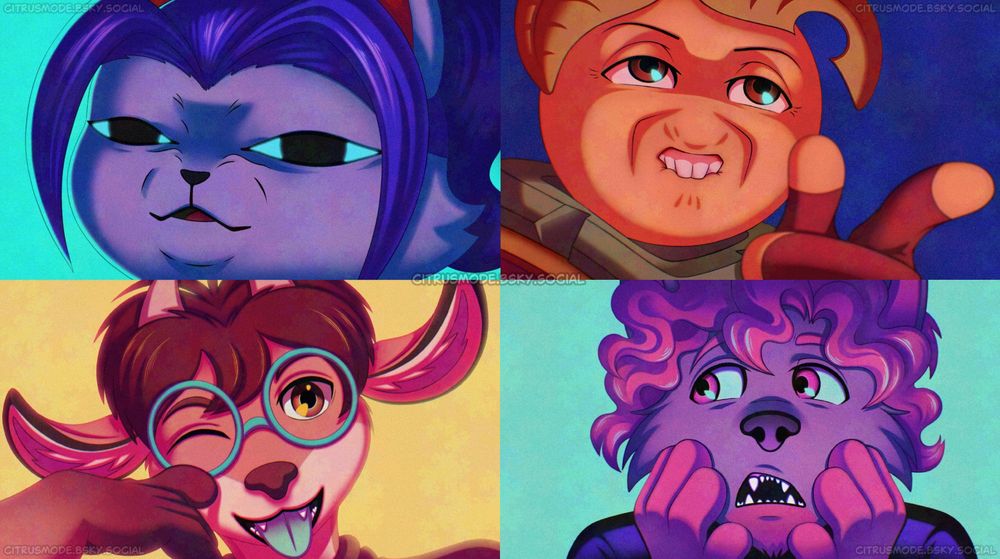 Digital art of 4 characters in 4 panels description beginning from top left the first panel is a drawing of a white cat with blue hair in a blue background making a disgusted funny face, the second panel on the right is the second character, a orange-like head character pointing his finger upfront like a gun making a exaggerated expression biting his lips looking up like it's trying to seduce and failing at so, the third character on the bottom left panel is a deer-goat character with big rounded turquoise glasses and brown hair, they're posing with the finger on their cheek blinking with one eye with their tongue out making a silly face in a bright yellow colored background with a lighting with a pretty shade of pink shadows, the last character is a black wolf with red hair in a blue background, making a pose with his hands in both of his cheeks, looking at the side making a scared face as if he had seen something worrying