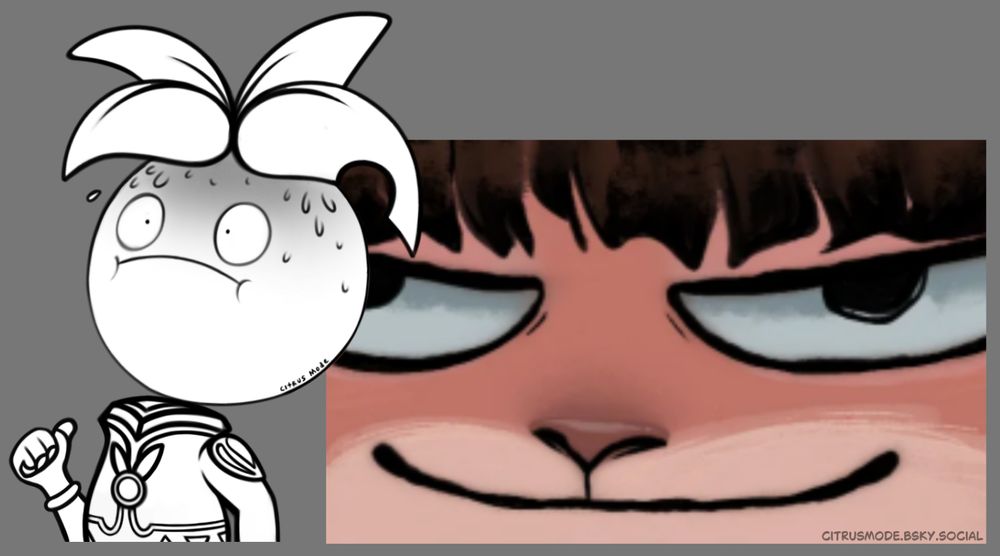 drawing of an orange fruit headed character making a scared face with a very exaggerated expression and sweating a lot with a locked pose and right behind there is an image of a character with a threatening face in a comical way looking fixedly at the character