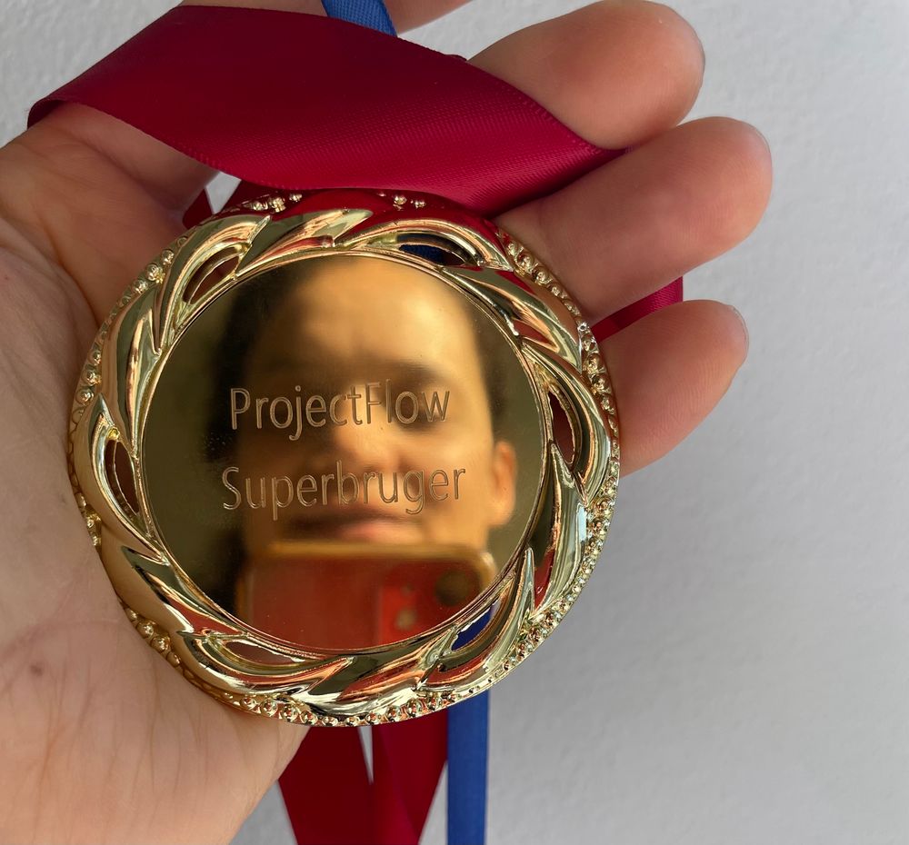 My hand holding the medal with my reflex on it. The medal has engraved “ProjectFlow superbruger”, which translates from Danish to “projectFlow super user”.