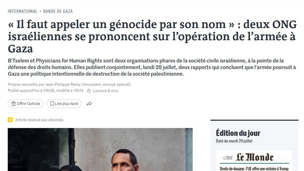 Article du monde dont le titre est « Il faut appeler un génocide par son nom » : deux ONG israéliennes se prononcent sur l’opération de l’armée à Gaza