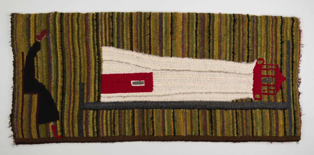hooked rug..woman in black next to a lighthouse on a hospital bed