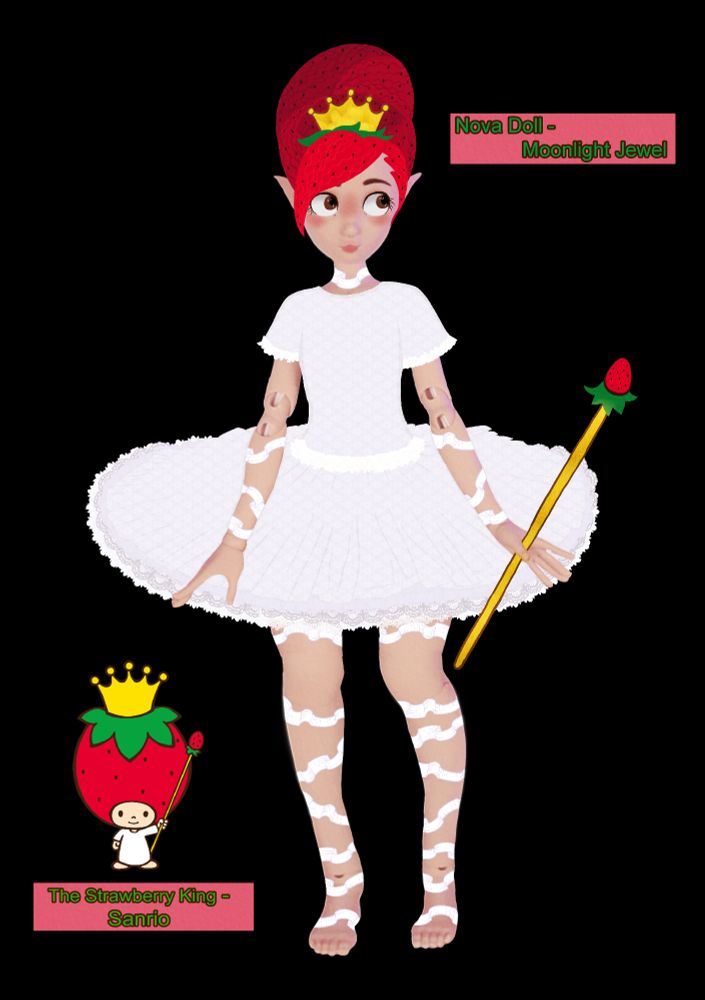 A bjd doll design (with moonlight_jewel_dolls on instagram's nova doll as the base) of the sanrio character the strawberry king