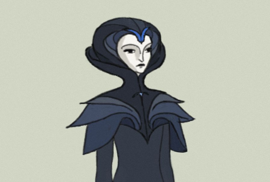 Sketch of one of my original Star Wars characters, the Baroness of Vena. She's wearing an overlapping petal-like upper-bodysuit, which comes up around her head like an open tulip. Her hair is encased in an almost hissing-cobra-like design. Two blue fang-like clasps at her forehead point toward her stark pale-white Venan skin. Muted base-blue colors.