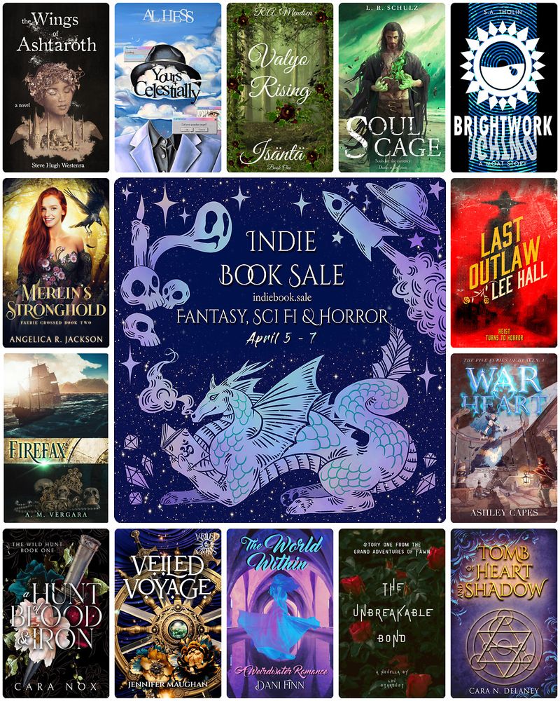 Graphic for the Narratess Indie Book Sale. Centre square shows a detailed illustration of a dragon reading a book. Skulls, gems, rockets, stars, magic, and a planet all border the dragon. The image is in blue. Book covers create a border around the square. Covers: The Wings of Ashtaroth, Your Celestially, Valya Rising, Soul Cage, Brightwork Ichimo, Last Outlaw, War Heart, Tomb Heart Shadow, The Unbreakable Bond, The World Within, Veiled Voyage, A Hunt of Blood and Iron, Firefax, Merlin's Stronghold.