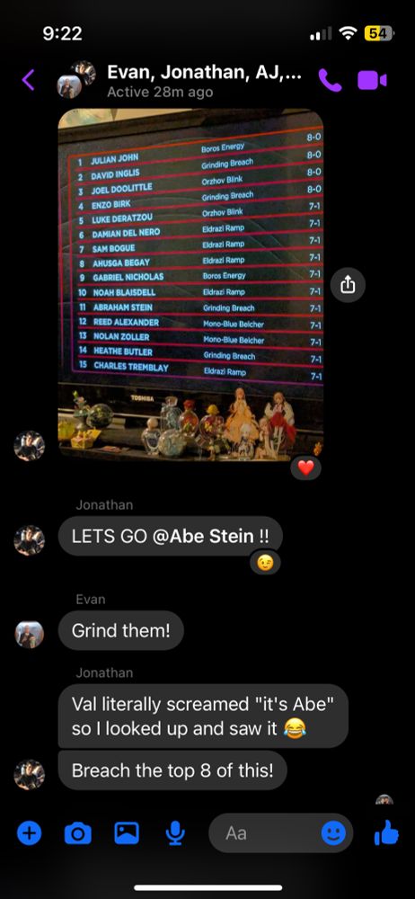 A Facebook messenger chat containing friends cheering for me after seeing I was in 11th place going into round 9 at RC Portland