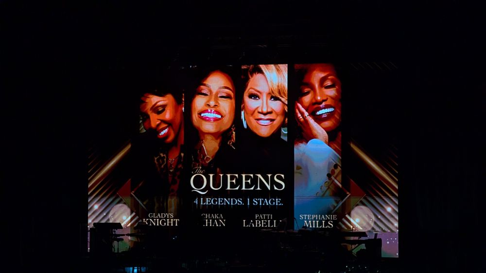 Concert backdrop for The Queens tour. Pictures of Gladys Knight, Chaka Khan, Patti LaBelle, and Stephanie Mills
