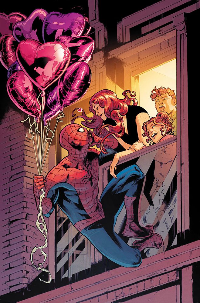 ULTIMATE SPIDER-MAN #14
Spidey outside a window with balloons for Mary Jane. They stare lovingly into each other's eyes. Their kids inside behind MJ.