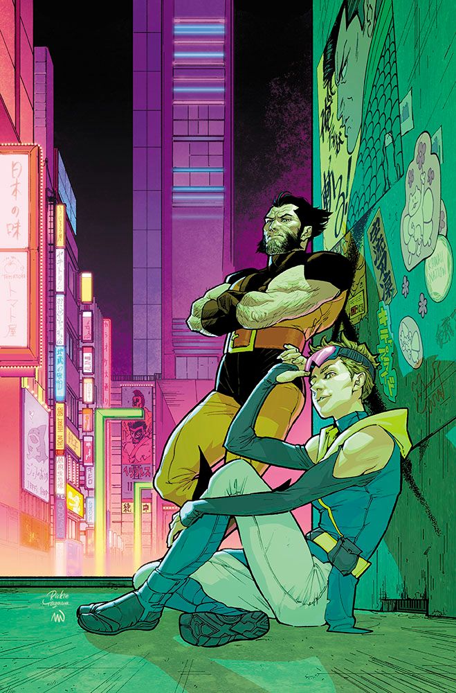 Wolverine and Kitty standing before a neon cityscape.