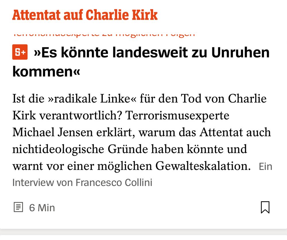 Attentat auf Charlie Kirk
5+ »Es könnte landesweit zu Unruhen
kommen«
Ist die »radikale Linke« für den Tod von Charlie Kirk verantwortlich? Terrorismusexperte
Michael Jensen erklärt, warum das Attentat auch nichtideologische Gründe haben könnte und warnt vor einer möglichen Gewalteskalation.
Ein
Interview von Francesco Collini
E 6 Min