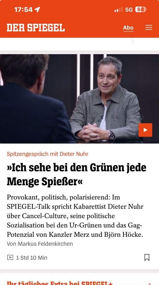 Spitzengespräch mit Dieter Nuhr
»Ich sehe bei den Grünen jede Menge Spießer«
Provokant, politisch, polarisierend: Im SPIEGEL-Talk spricht Kabarettist Dieter Nuhr über Cancel-Culture, seine politische Sozialisation bei den Ur-Grünen und das Gag-Potenzial von Kanzler Merz und Björn