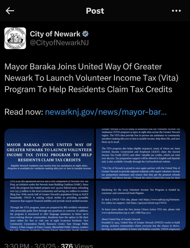 Mayor Baraka Joins United Way Of Greater Newark To Launch Volunteer Income Tax (Vita) Program To Help Residents Claim Tax Credits