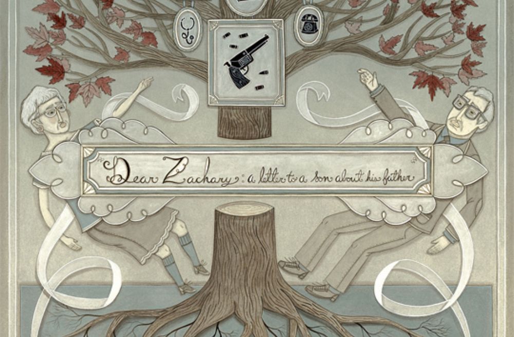 Section of the poster for the film Dear Zachary. Showing a tree, the title of the film and the parents.