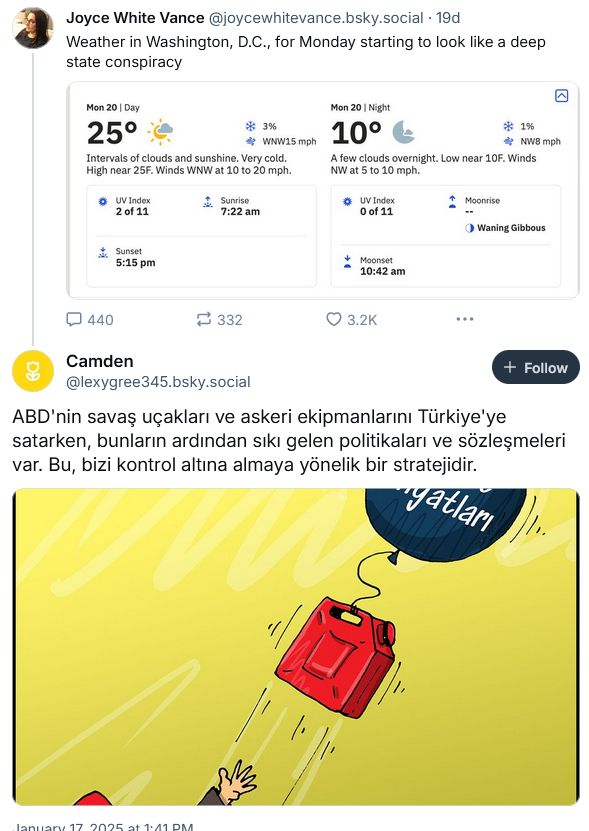 Example of a foreign influence bot making an off-topic reply likely due to the presence of certain keyword combinations like "Washington", "deep state", "conspiracy". 

In the screen shot, a person was making post joking about the unusual weather in Washington DC being a deep state conspiracy.

This bot follows up with an off-topic reply using  an AI-generated cartoon in the same visual style as the AI-generated cartoons used by the Russian botnet Doppleganger. (ref: https://bsky.app/profile/antibot4navalny.bsky.social/post/3lfna4fhfds2o)

The translation in the cartoon reads:

"While the US sells warplanes and military equipment to Turkey, there are strict policies and contracts that follow. This is a strategy to control us."