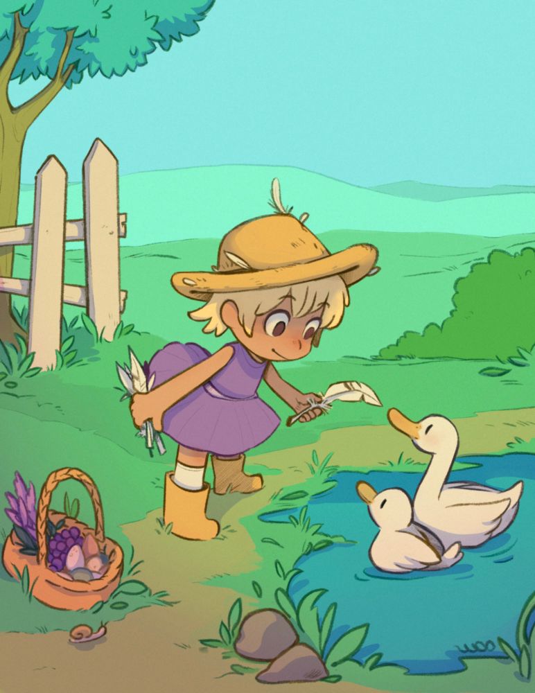 Colorful Illustration of a little girl holding many feathers and negotiating a donation with a swan and its baby