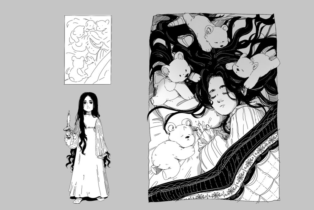 black and white Illustration of a girl in a long gown holding a candle! besides her a full illustration of 4 magic bears surrounding her face as she dreams