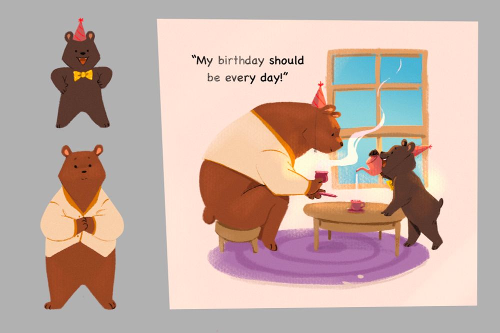 Illustration on two bears, a shy sweater wearing one and a baby bear on a bowtie and birthday hat. on the side, a scene of them having afternoon tea with the baby bear saying his birthday should be every day