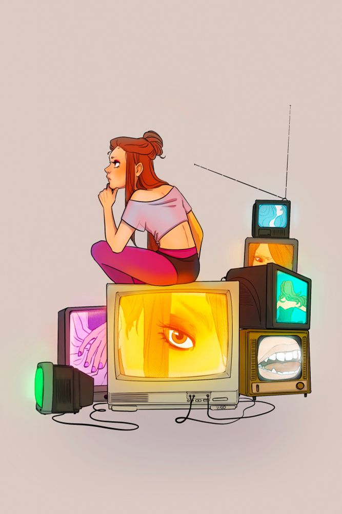Illustration of someone sitting with older tvs. they are all on showing different facets of them