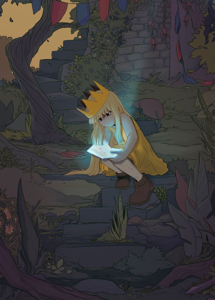 Illustration for the princess game, the princess sits on grown over stairs holding a mirror piece, she looks thoughtful 