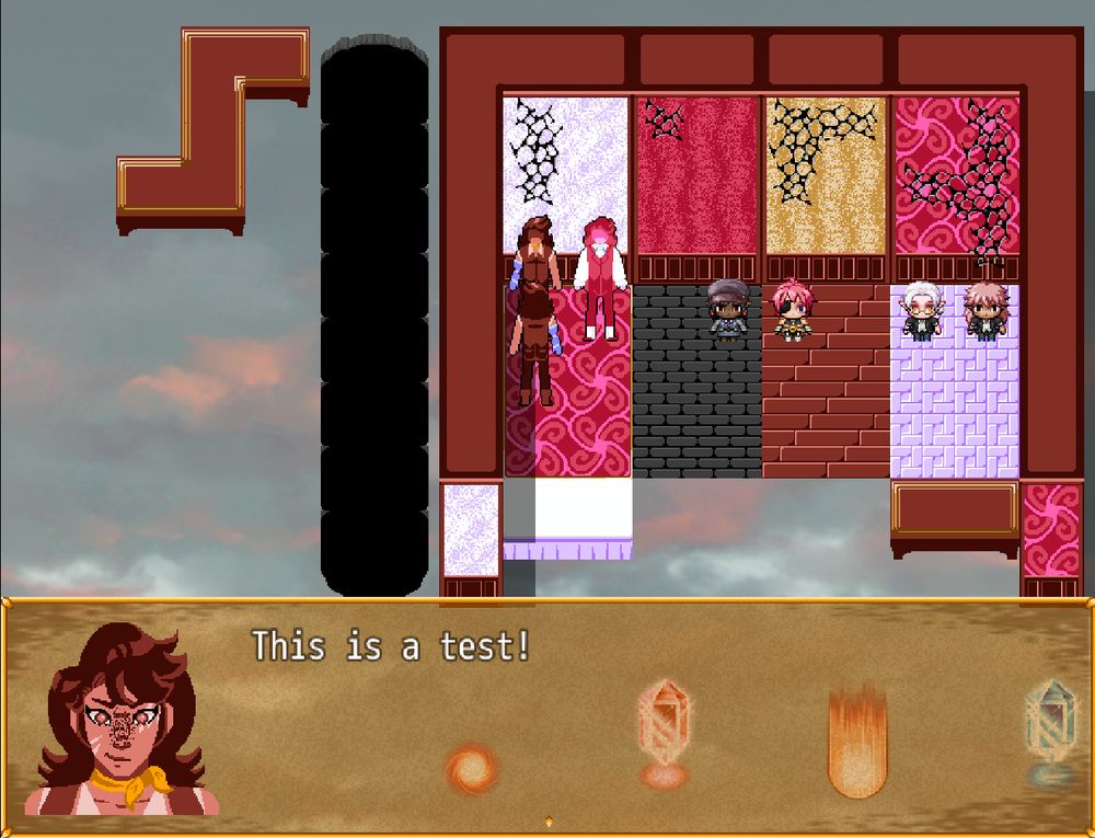 Out of context screenshot from a debug room in a work in progress RPG Maker MV game. The player is talking to an NPC that looks exactly like him, in order to showcase the custom made dialog face. His face is located within the text box, and stares straight ahead. It's been completely done in pixel art.