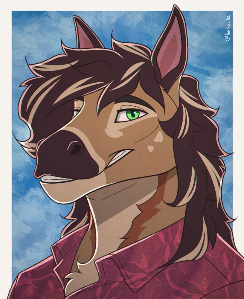 Flat color digital potrait depicting a smiling anthro horse