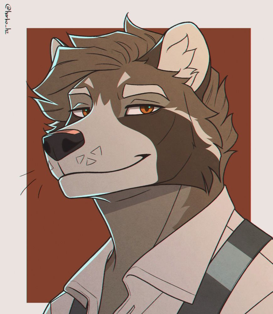 Flat color digital portrait depicting an anthro raccoon guy smiling towards the camera