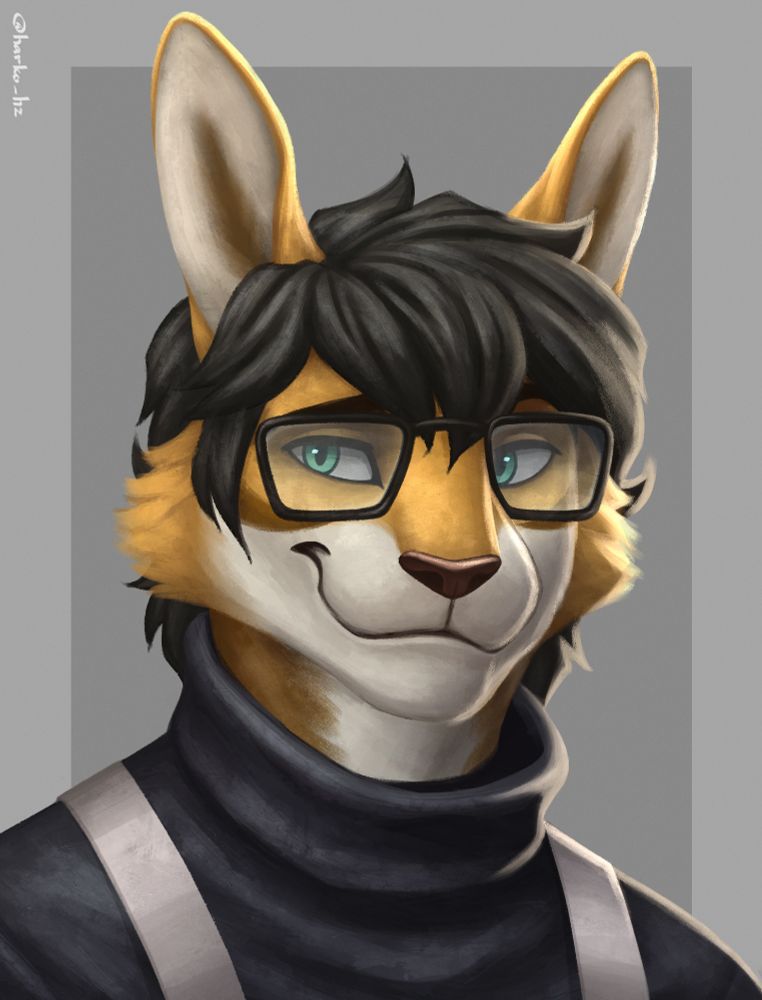 Digital painting showing an anthro rabbit/bunny character wearing turtleneck and suspenders posing for a portrait
