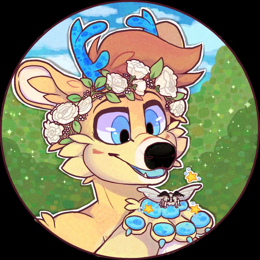 digital art pfp of a deer character with paws and blue eyes, antlers and pawpads. it is wearing a crown of white roses and holding up a silk moth. 