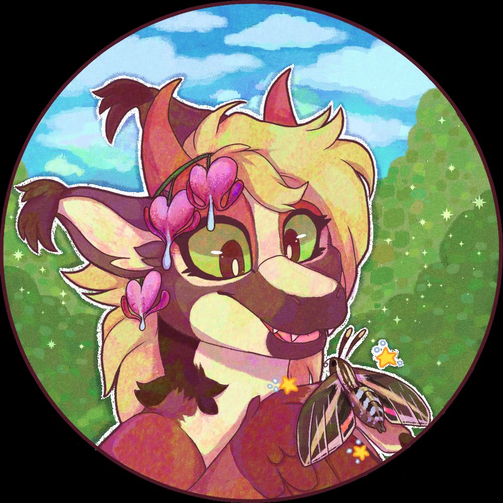 digital art pfp of a dinosaur-like character with orange horns and green eyes. it is wearing a crown of bleeding heart flowers and holding up a white-lined sphynx moth. 