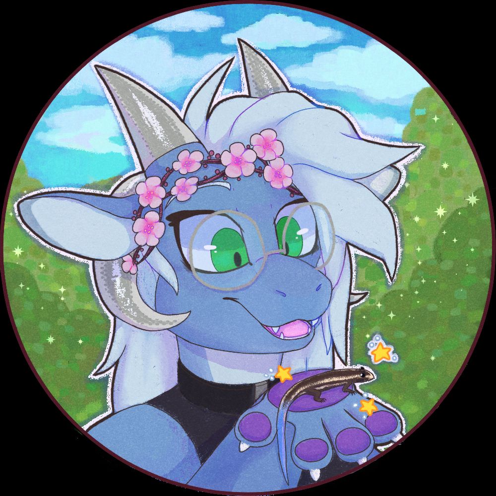 digital art pfp of a dragon character with blue scales and green eyes. she is wearing a crown of sakura flowers and holding up a Plestiodon barbouri (skink). 