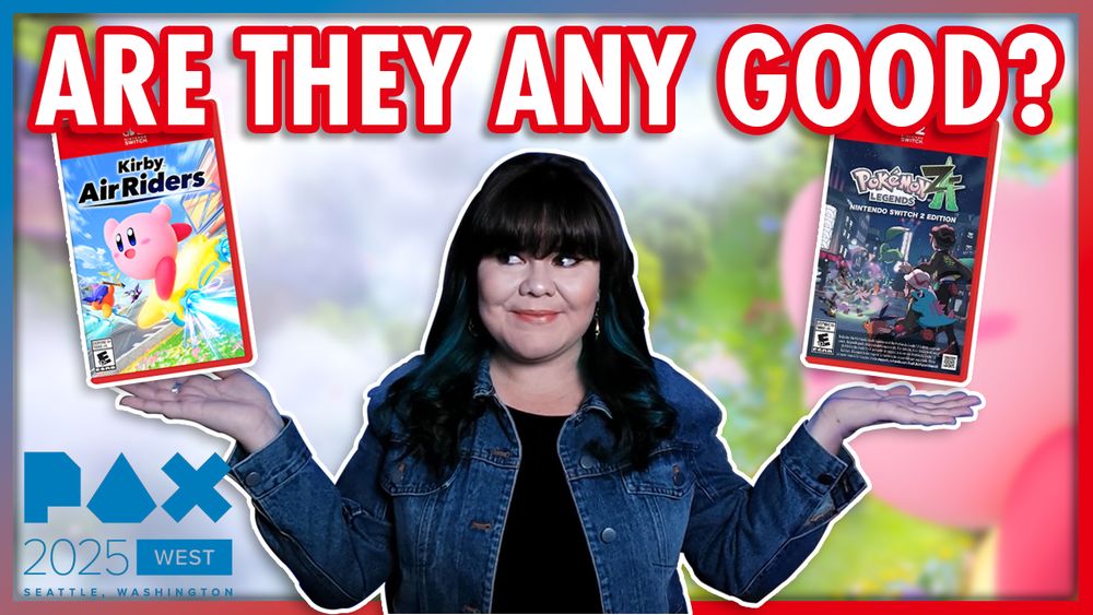 "Are they any good?" text featuring individual in center of thumbnail holding copies of Kirby Air Riders and Pokémon Legends: Z-A