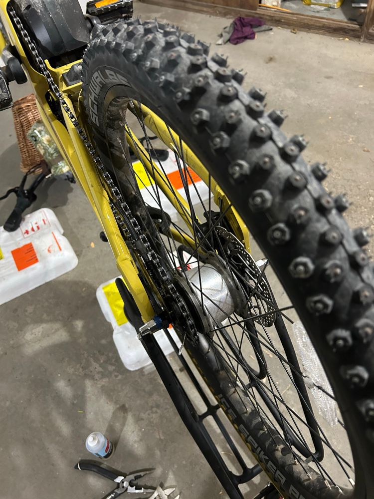 Close up view of rear bike tire with internal Nexus hub