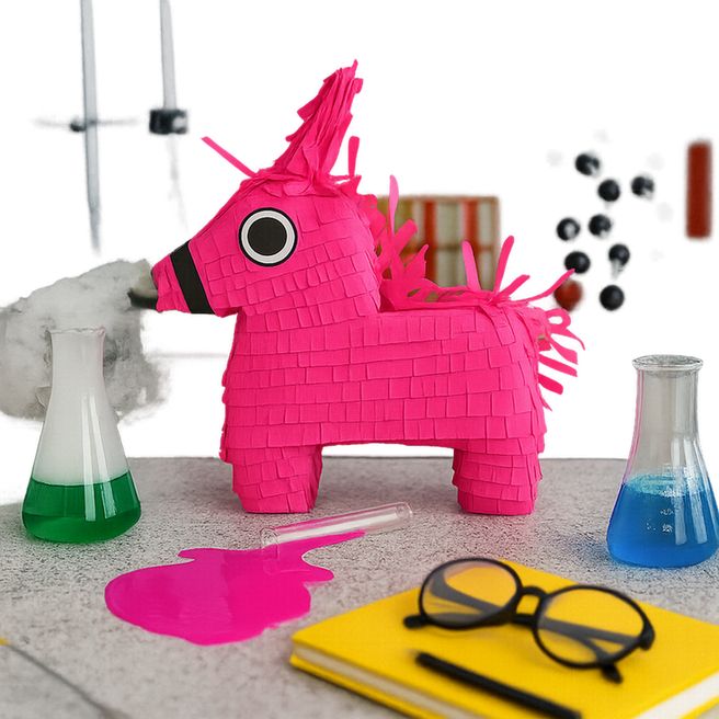 A vibrant pink piñata stands on a lab table with smoke emerging from a green liquid in a beaker, and a spilled pink liquid nearby. A notebook and glasses are placed in the foreground, while a blue liquid in another beaker sits to the right. The background is dark, creating a whimsical, experimental atmosphere.