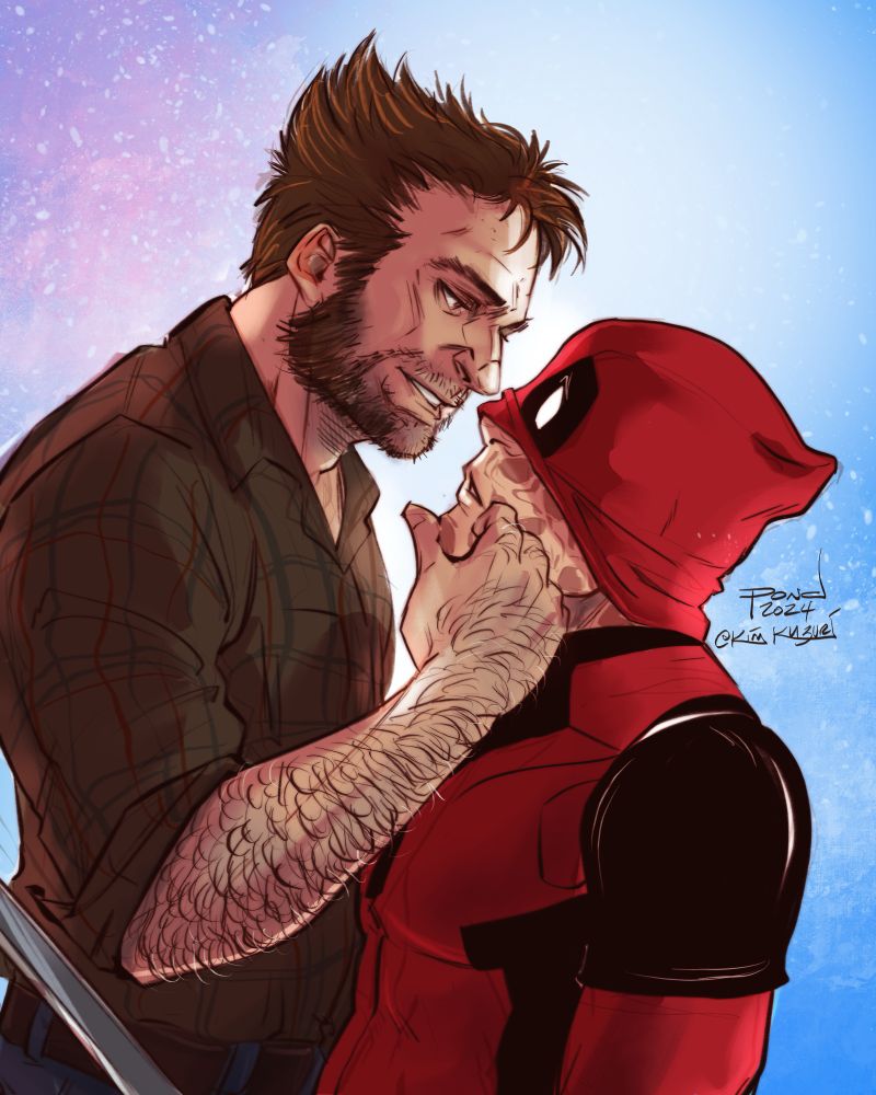 Same image without speech bubbles. Deadpool & Wolverine fanart with a smiling Logan in a flannel and Wade with his mask pulled up over his nose. Logan is noticably taller than Wade and brushing his knuckles tenderly against Wade's face.