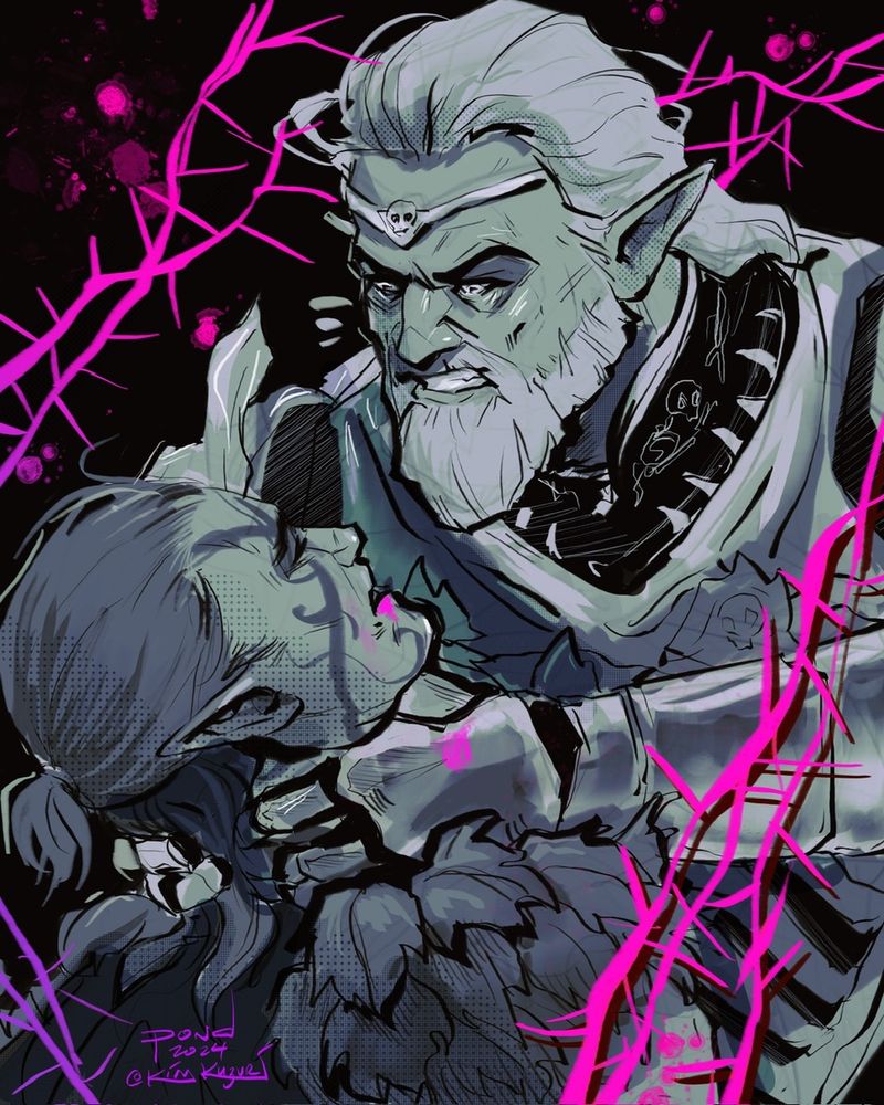 Baldur's Gate fanart of Ketheric Thorm with a fevered look in his eye choking Halsin with both hands. Art is a monochrome color palette with pink thorns wreathing the background in the same color as Ketheric's netherstone.