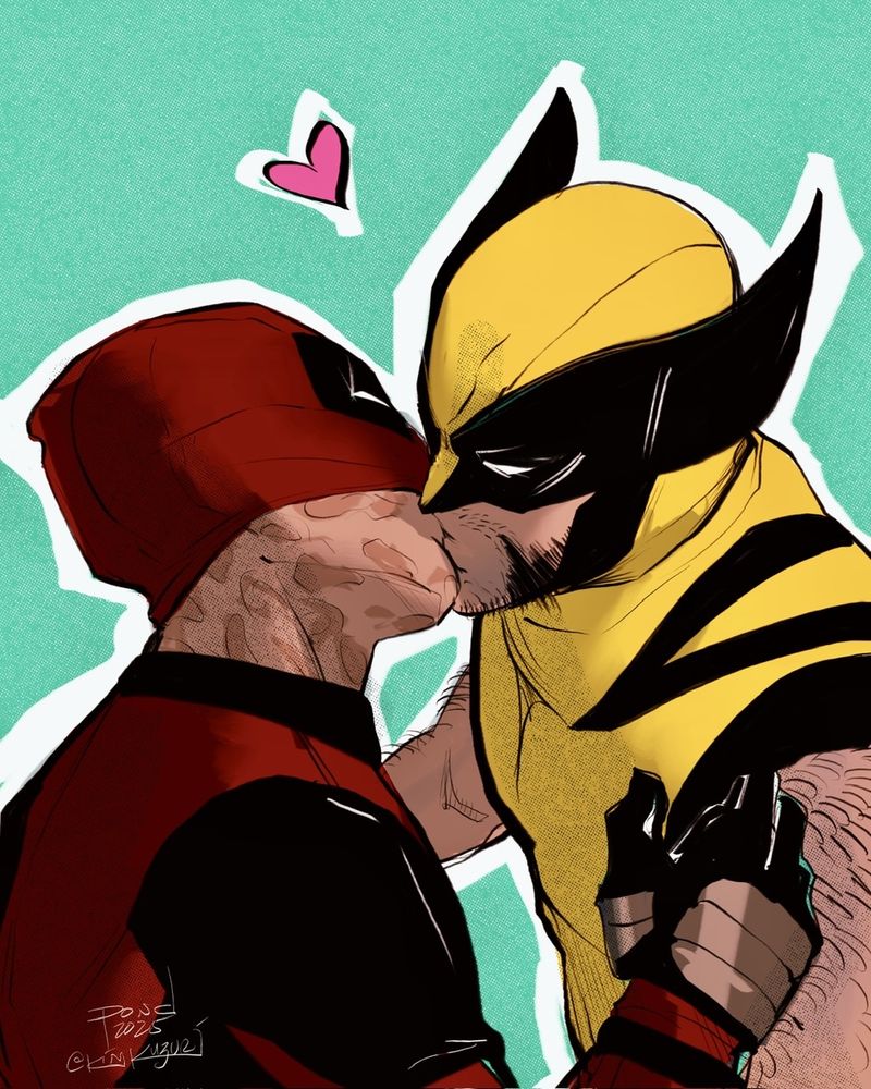 Fanart of Deadpool with his mask lifted over his mouth leaning in to kiss Wolverine.