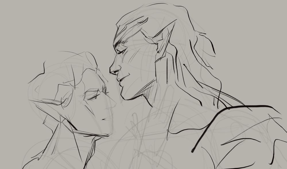 Inky sketch of baldurs gate fanart with Halsin in profile glancing down at Astarion.