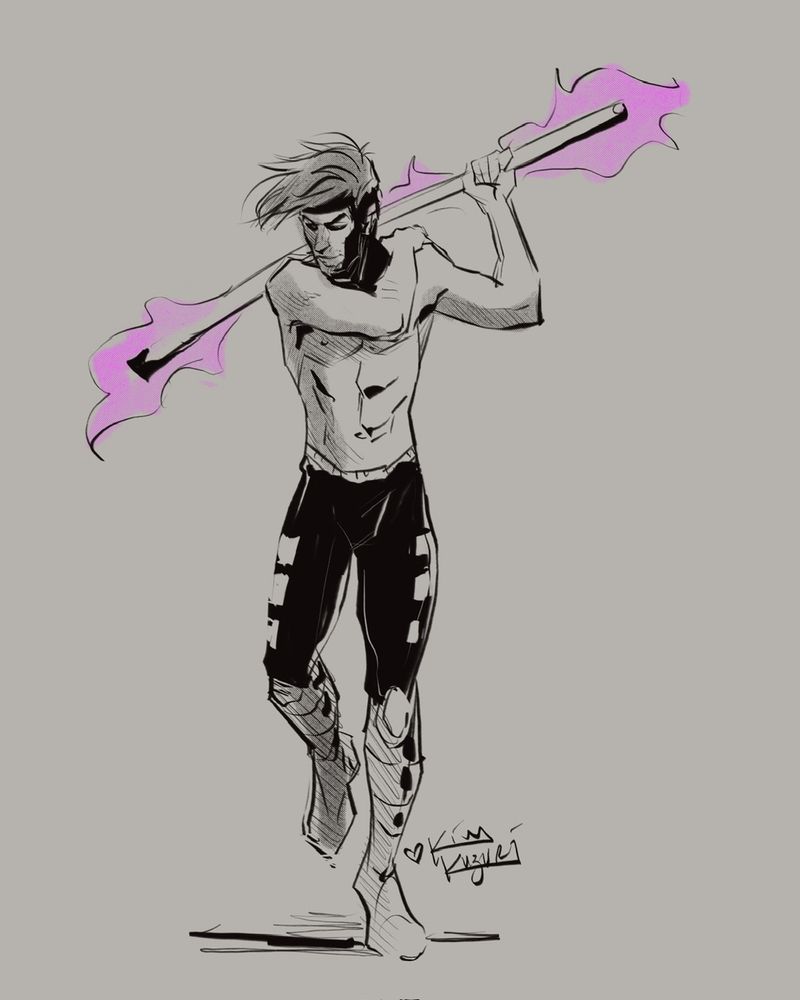 Fanart of Gambit strolling shirtless reaching up across his chest to rub at his shoulder. He's holding his staff up with one arm. Based on a sword holding pose from The Pose Archives.