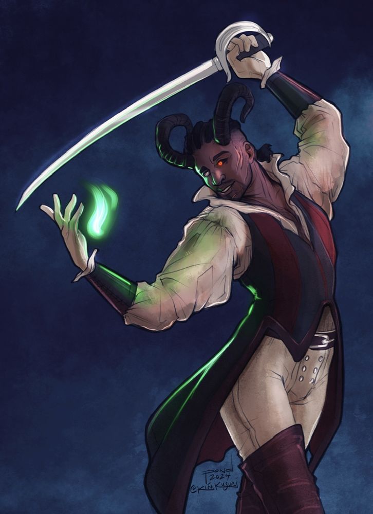Fanart of Wyll Ravengard in a fancier version of his padded armor mid-twirl with his blade overhead and a green bit of flame emanating from his hand.