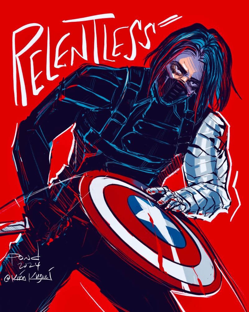 Sketch fanart of winter soldier Bucky in the muzzle on a red background catching cap’s shield with his metal arm and holding a knife in the other. The word Relentless is written in the negative space