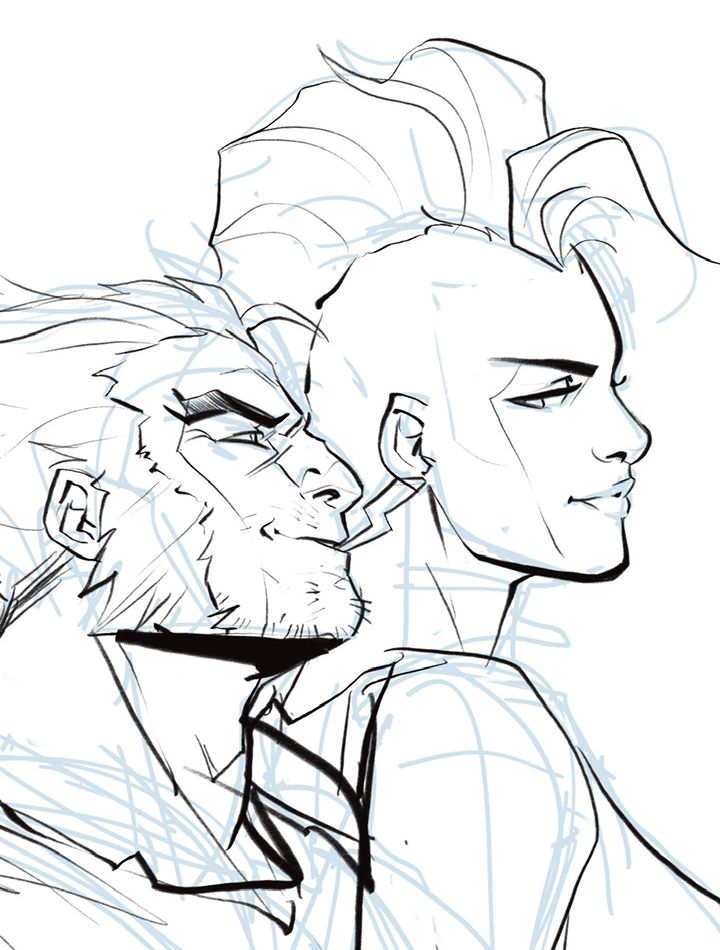 Sketchy partial inks of fanart of Logan leaning in and catching Storm's earring between his lips.